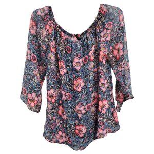 Express Womens BOHO Blouse Top Small Red Blue Floral Chiffon Layered 3/4 Sleeve